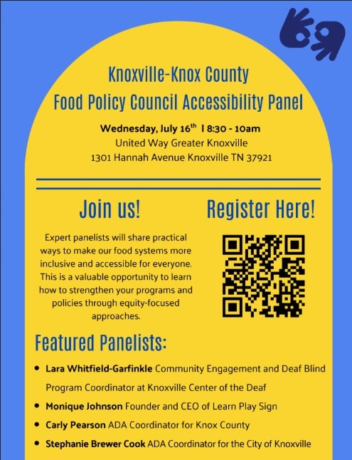 Knoxville-Knox County Food Policy Council Accessibility Panel event flyer featuring date, time, location, and QR code for registration.