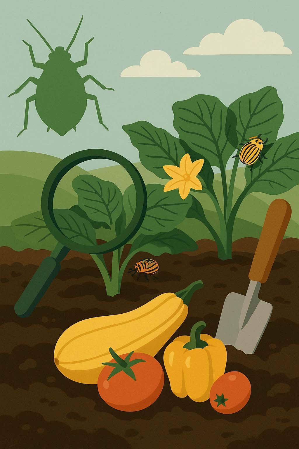 Green insect on plant with tomatoes, pumpkin, and squash, under cloudy sky, representing urban gardening and pest management.