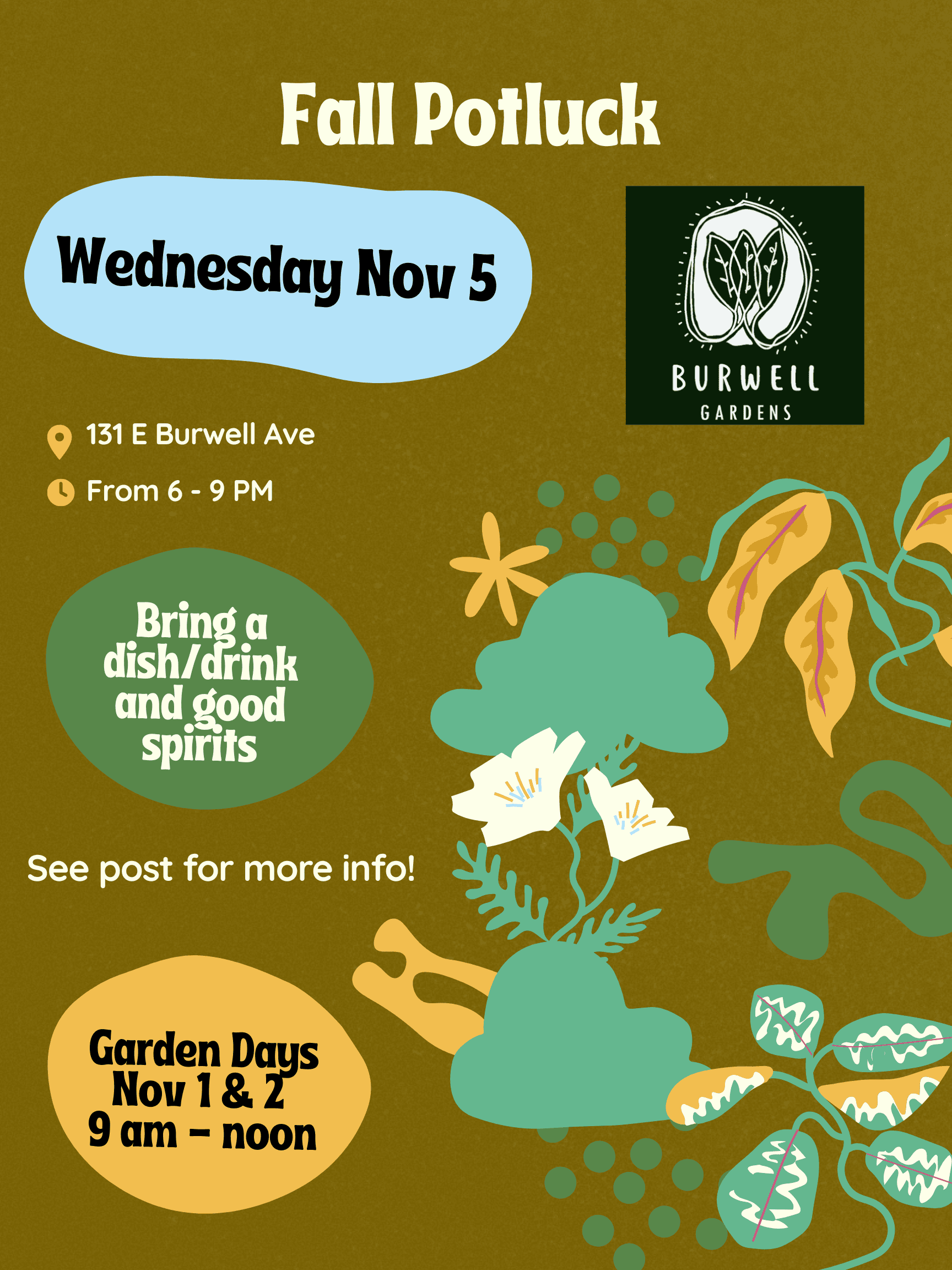 Fall Potluck event flyer with colorful botanical illustrations, details about the date, location, and activities, organized by Knox Garden Alliance at Burwell Gardens. Includes reminders to bring dishes and info on Garden Days.