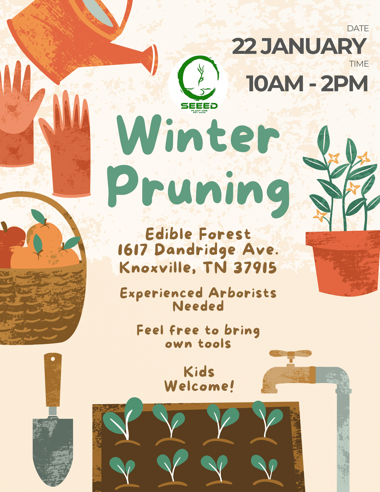 An informative flyer for a winter pruning workshop at Edible Forest, featuring gardening tools and illustrations of seedlings, designed to attract local gardeners and community members interested in sustainable agriculture.