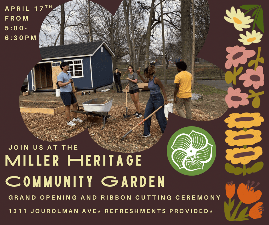 Community members celebrating the grand opening of Miller Heritage Community Garden with a ribbon-cutting ceremony and outdoor activities.