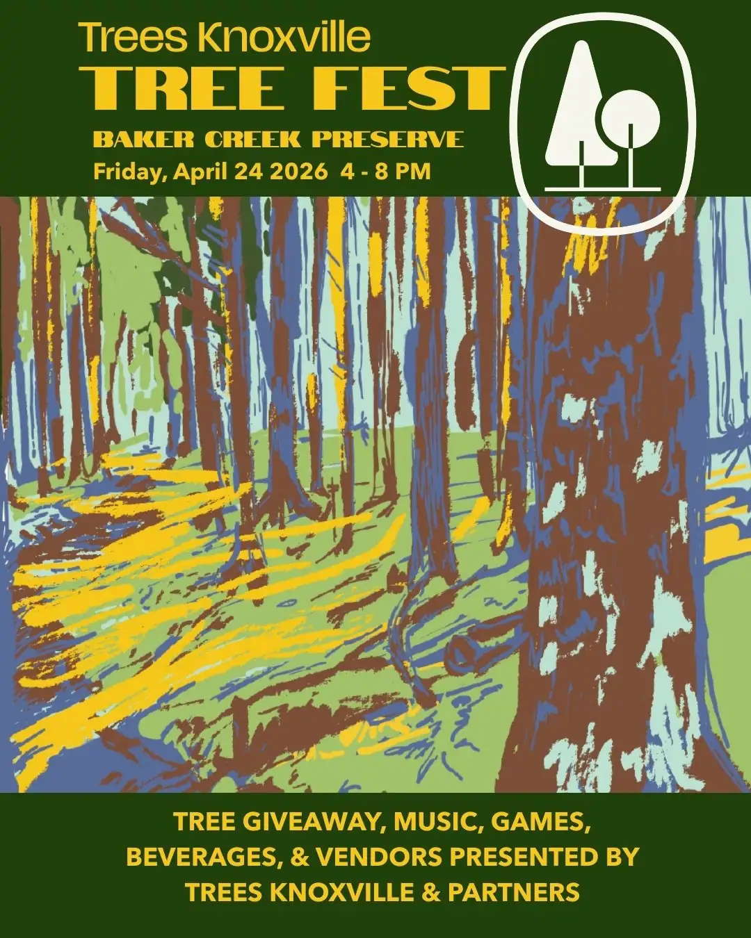 Illustration of a forest scene with tall trees and a trail, promoting the Trees Knoxville Tree Fest event at Baker Creek Preserve.