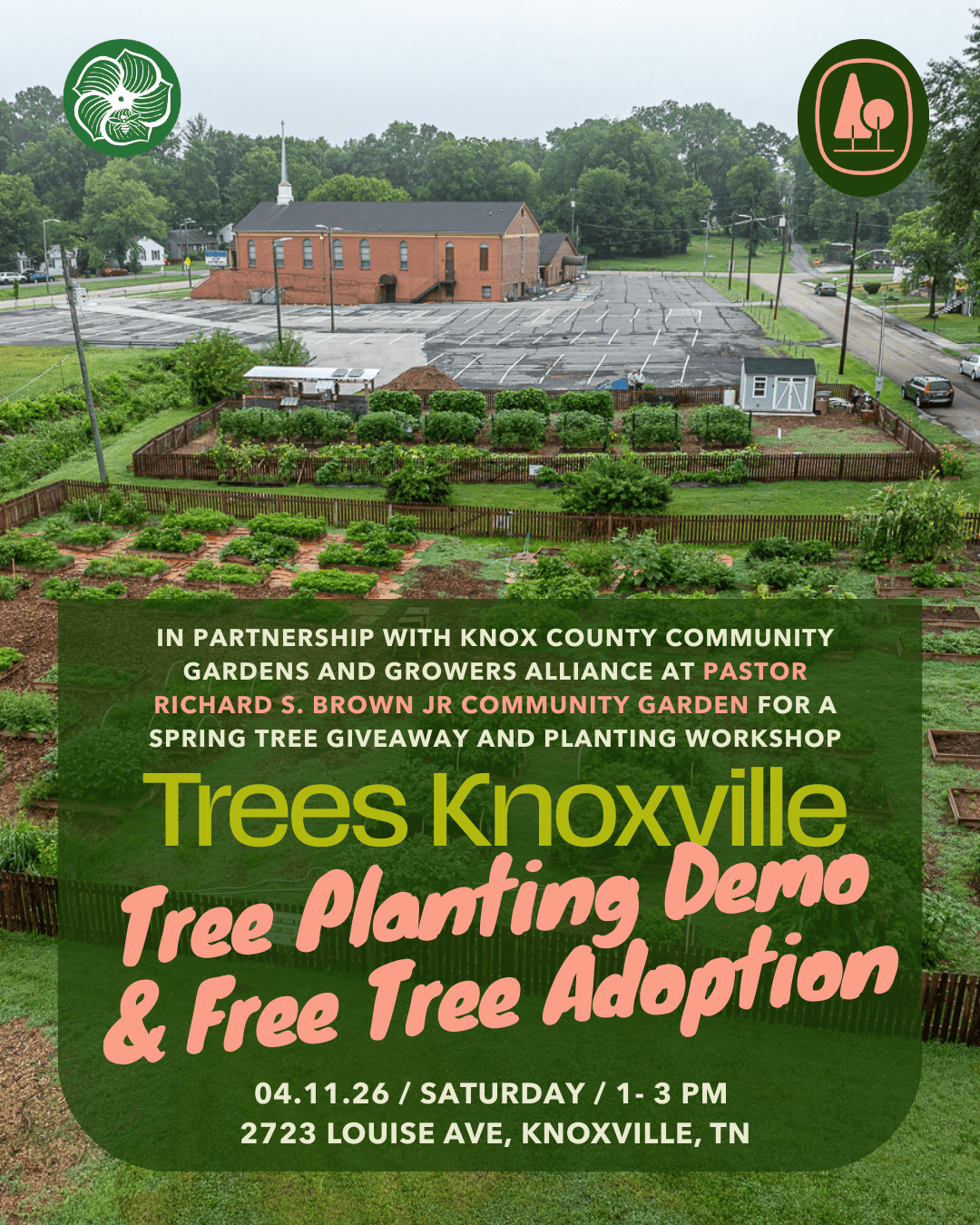 Community garden with organized vegetable beds and trees, promoting urban agriculture and sustainability in Knoxville, Tennessee.