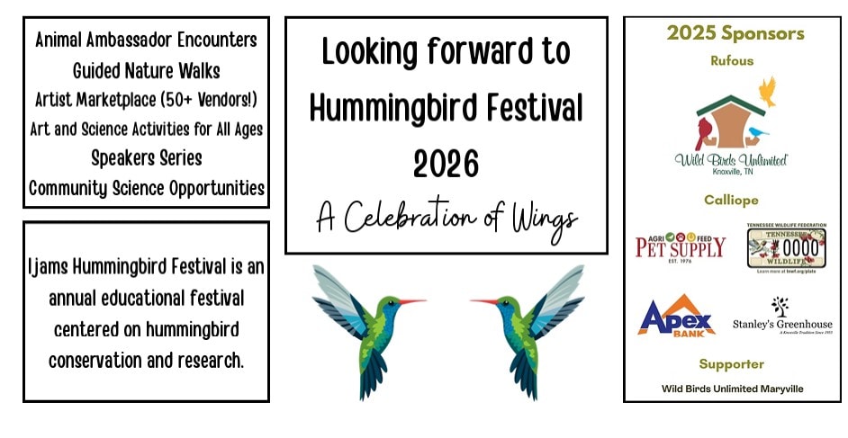 Community garden and growers alliance event poster featuring hummingbird festival and sponsors in Knox County.
