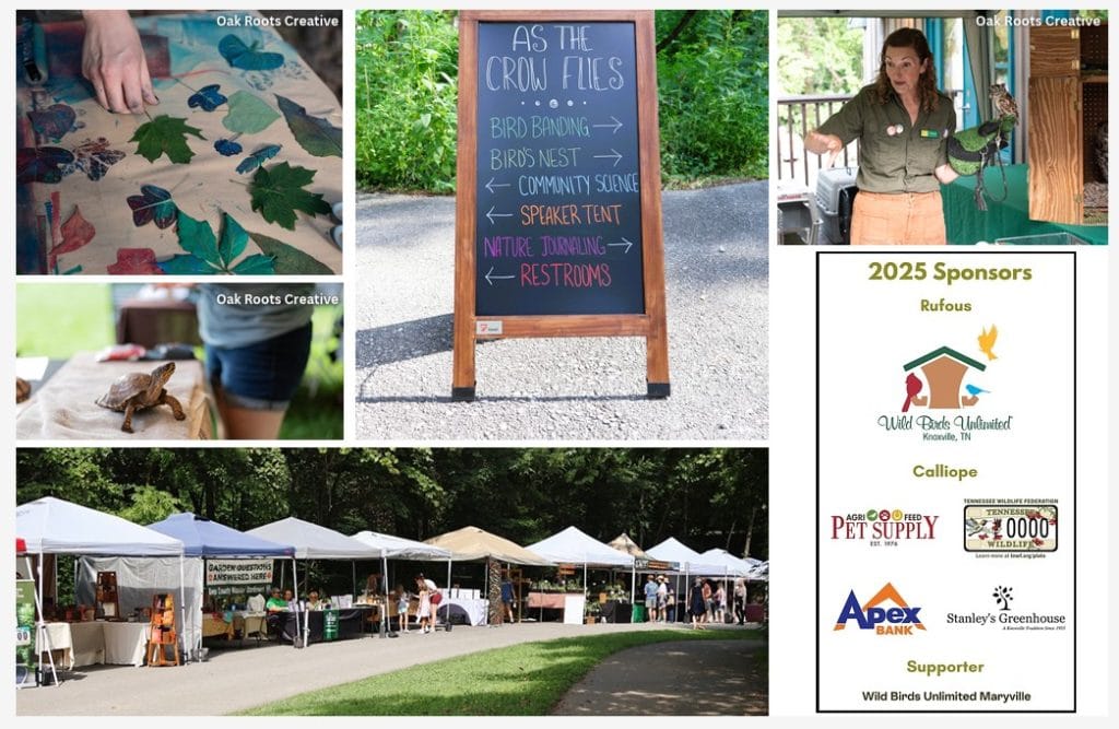 Community garden event with tents, signage, and participants engaging in gardening activities in Knox County.