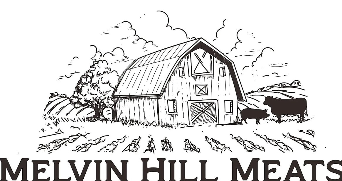 Illustration of a rustic barn with surrounding vegetable garden beds, trees, and grazing cows, representing sustainable farming and community gardening efforts in Knox County.