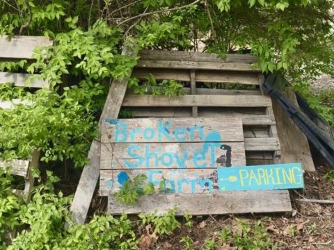 Hand-painted sign for Broken Shovel Farm with a small watering can and plant illustrations, located near a wooden staircase surrounded by greenery.