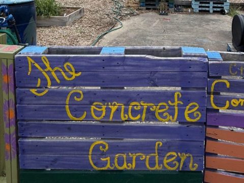 Colorful wooden sign reading 'The Concrete Garden' in yellow lettering, located at Knox County Community Garden, with gardening supplies in the background.