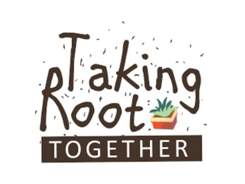 Logo for Taking Root Together featuring stylized text and a small plant icon, representing community gardening and sustainable growth in Knox County.