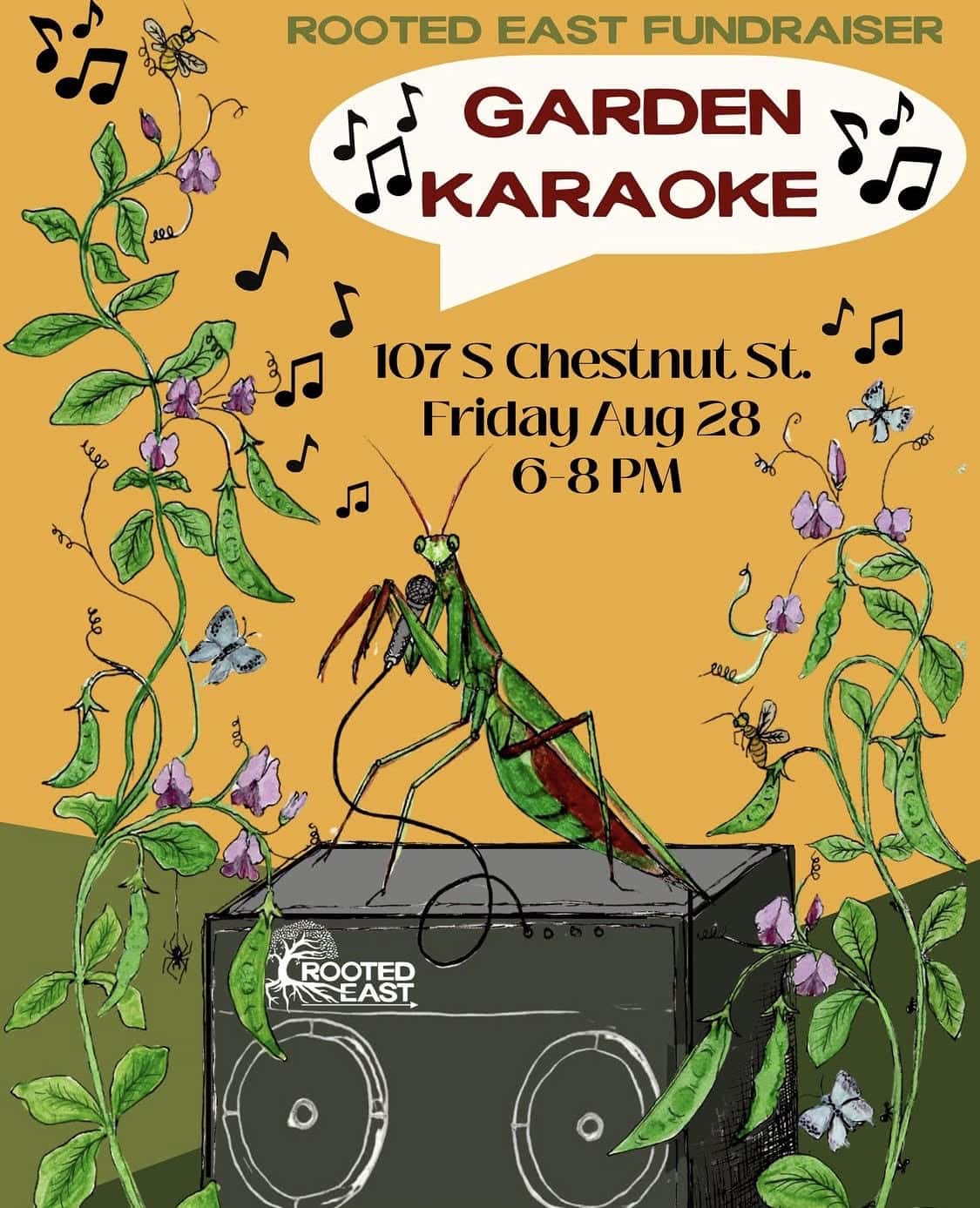 Community garden event poster featuring a grasshopper, musical notes, and flowering plants for a garden karaoke fundraiser in Knox County.