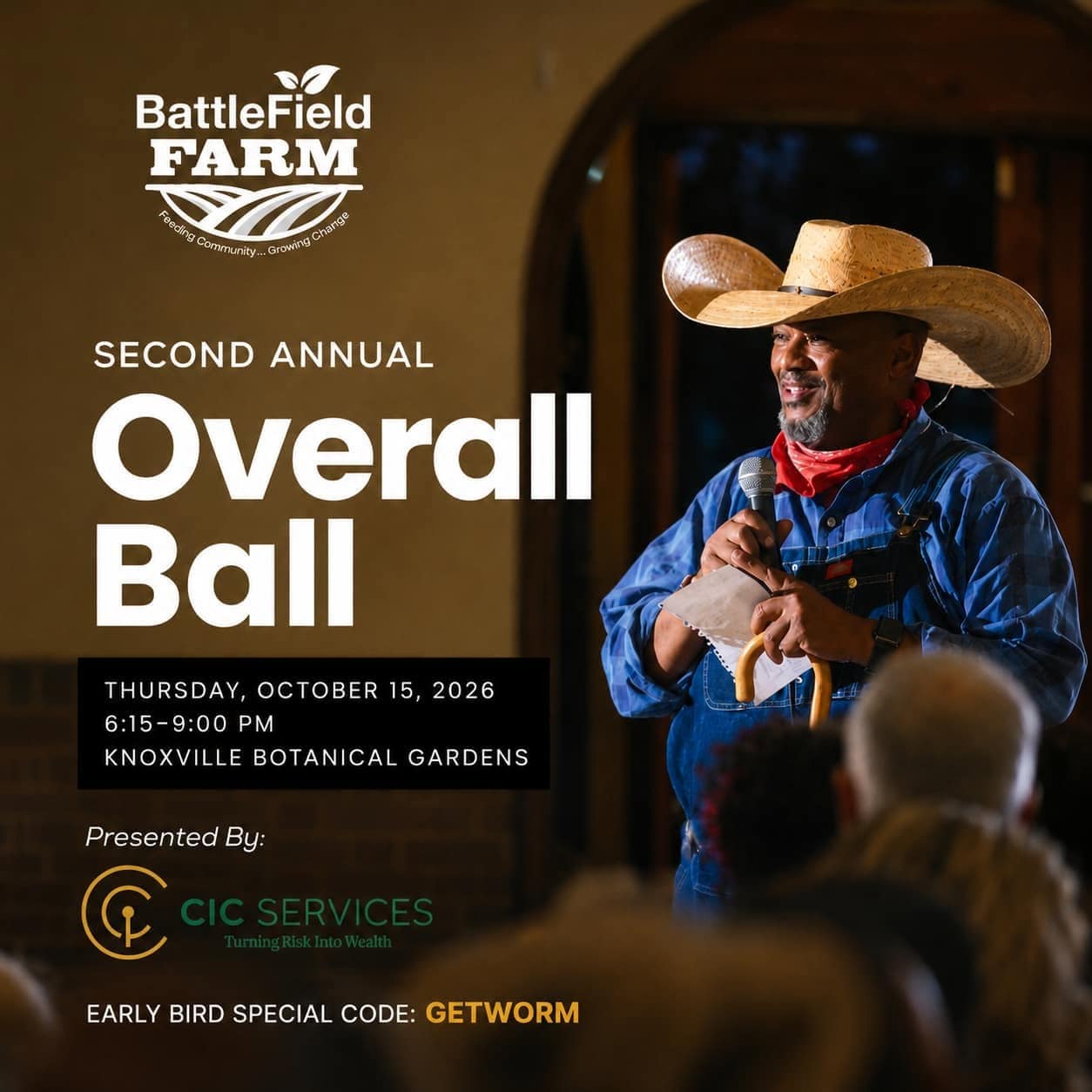 Man in cowboy hat speaking at Battlefield Farm's 2nd Annual Overall Ball event at Knoxville Botanical Gardens, promoting community engagement and local agriculture.