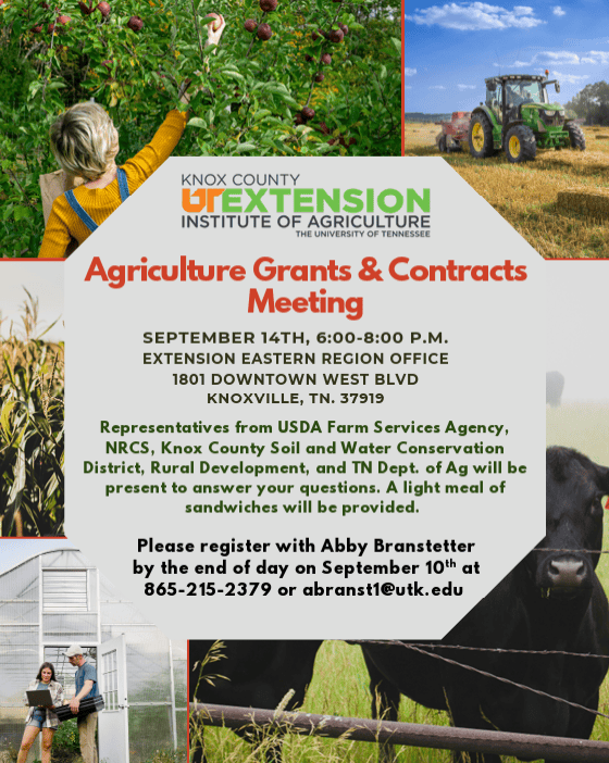 Flyer for Knox County Agriculture Grants & Contracts Meeting with images of farming and gardening activities.