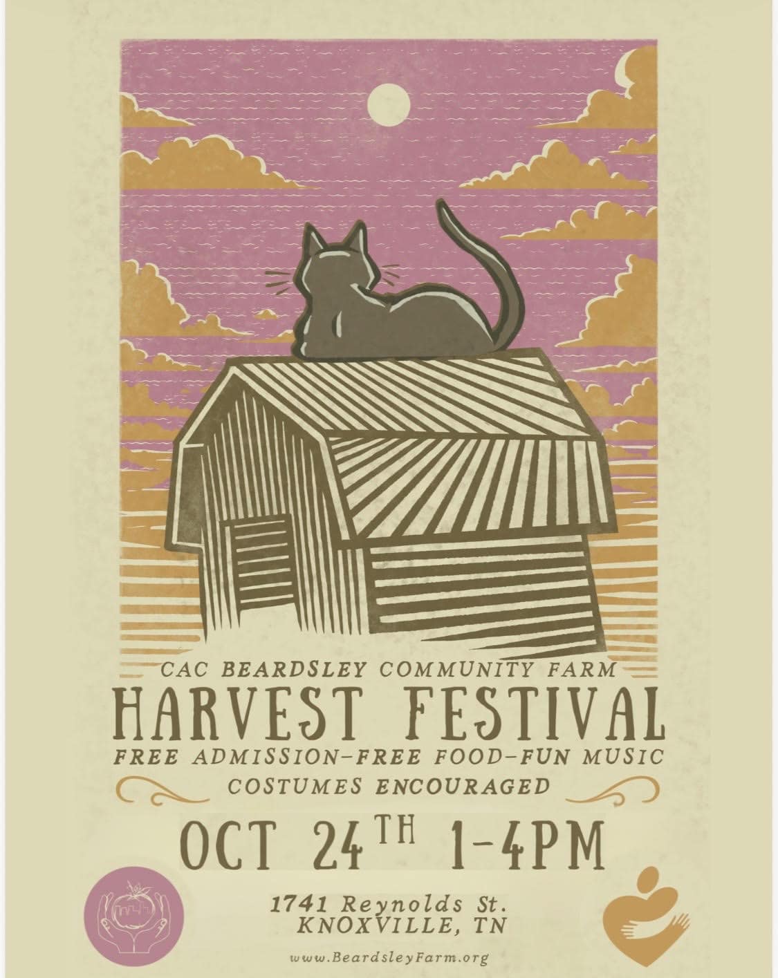 Illustration of a cat sitting on a barn roof under a full moon with clouds, promoting the Knox County Community Garden & Growers Alliance event.