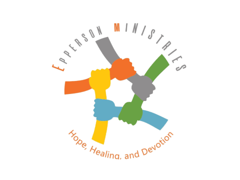 Logo of Epperson Ministries featuring four colorful hands joined in unity, symbolizing hope, healing, and devotion.