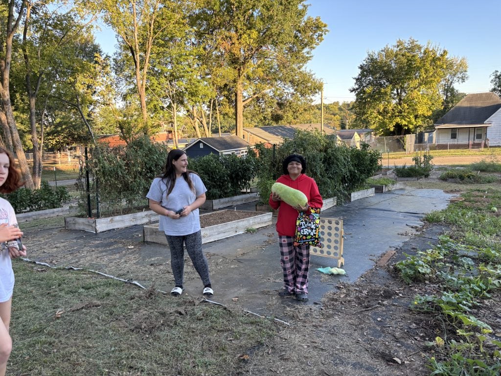 People enjoying gardening activities at Knox County Community Garden, with trees and houses in the background.
